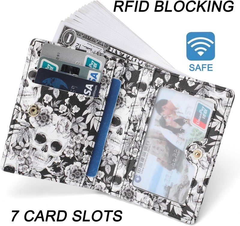 Altally Small Women Wallet RFID Blocking Bifold Pocket Wallet Slim Compact Ladies Purse Mini Wallets For Women (Skull) - Image 3